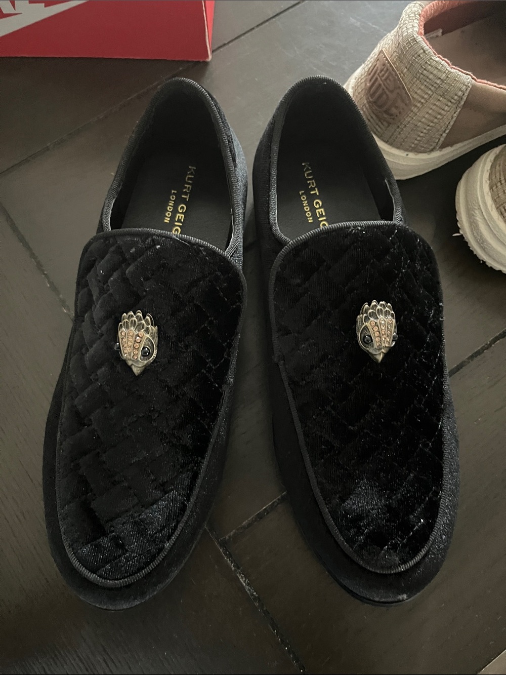 Kurt Geiger Black Quilted Velvet Slip-On Loafers with Metallic Crest